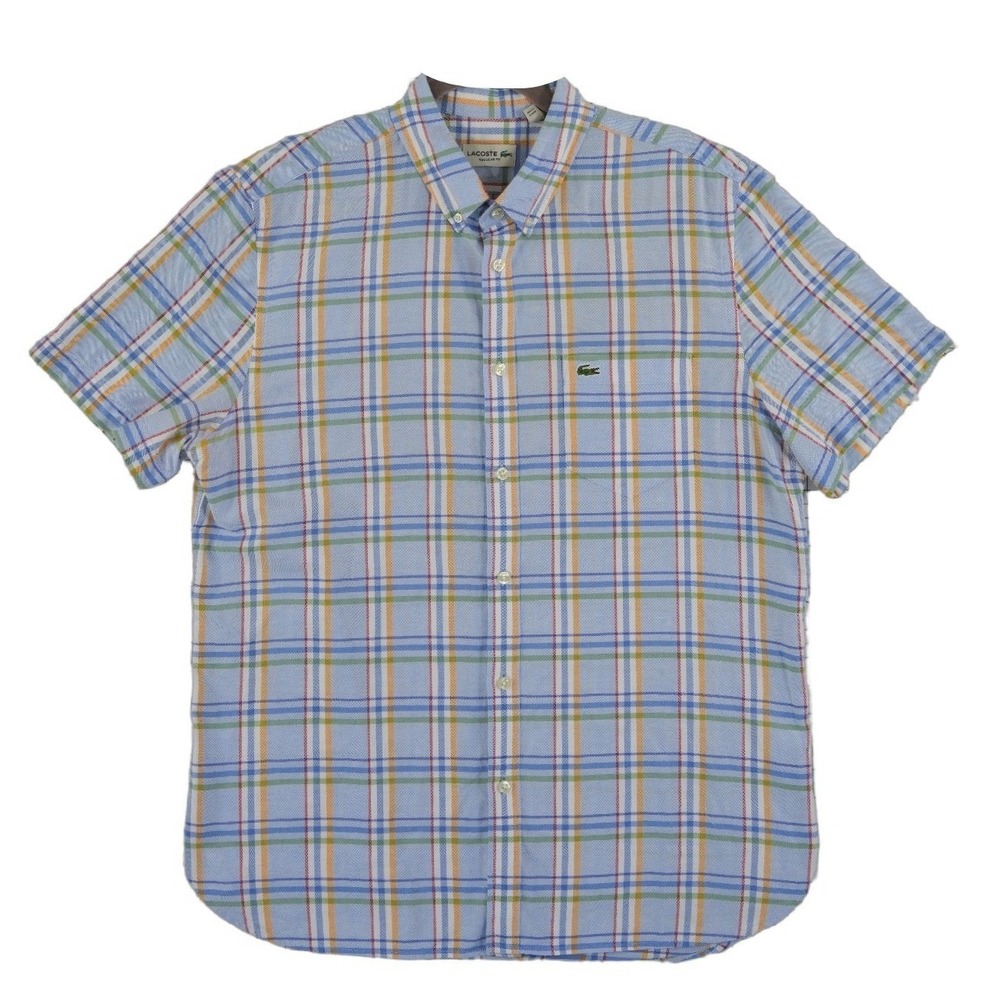Lacoste Blue Plaid 100% Cotton Button Down Shirt Men's Size Large Short Sleeve